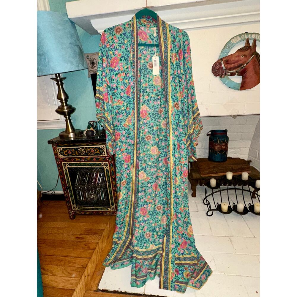 NWT SPELL DESIGNS FOLKTOWN FOLK TOWN TURQUOISE MAXI KIMONO ROBE OSFA